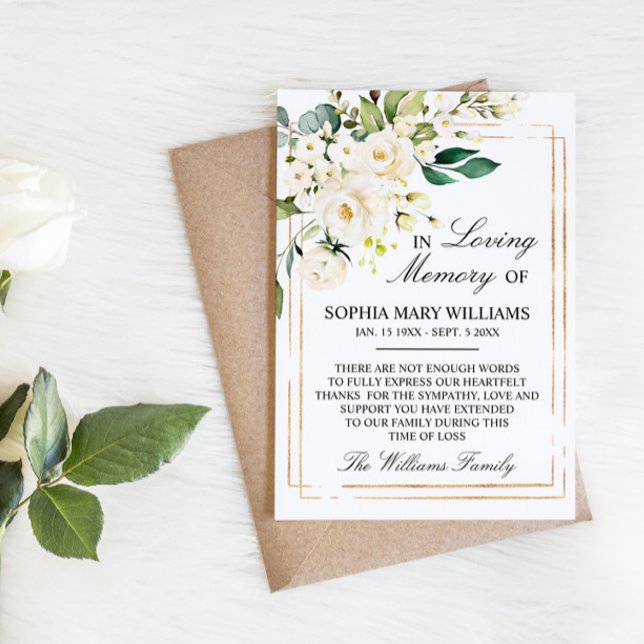 Carte De Remerciements Rose blanche et Feuilles verts Mémoire de sympathi (Créateur téléchargé)