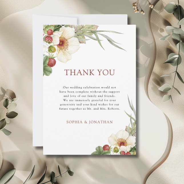 Carte De Remerciements Rose blanche et Mariage de fraises sauvages (White Rose and Wild Strawberry Wedding Thank You Card with Envelope)