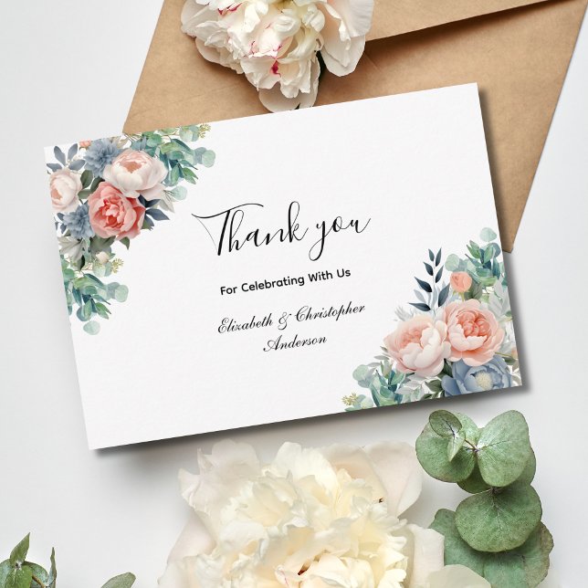 Carte De Remerciements Rose Bleu Floral Fleurs Eucalyptus Mariage (Pink Blue Floral Eucalyptus Watercolor Elegant Wedding Thank you card)