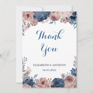 Carte De Remerciements Rose bleu marine Aquarelle Mauve Mariage floral