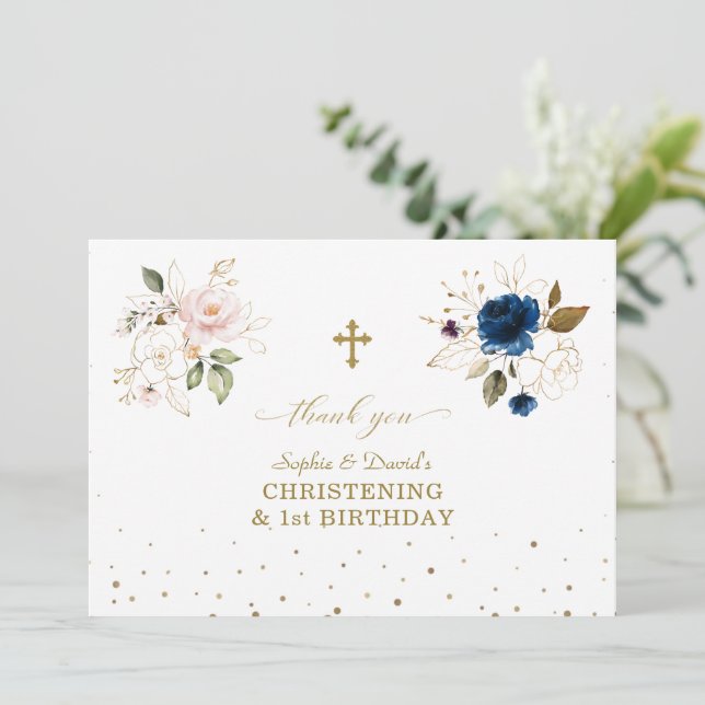 Carte De Remerciements Rose Blue Floral Twins 1er Anniversaire (Debout devant)