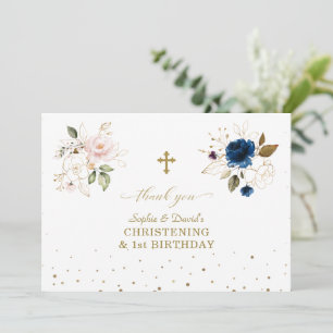 Carte De Remerciements Rose Blue Floral Twins 1er Anniversaire