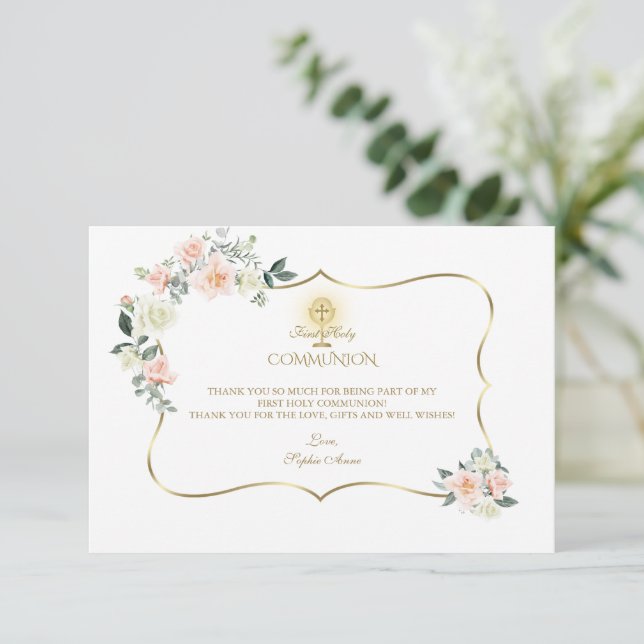 Carte De Remerciements Rose Blush Floral Gold Girl Première Sainte Commun (Debout devant)