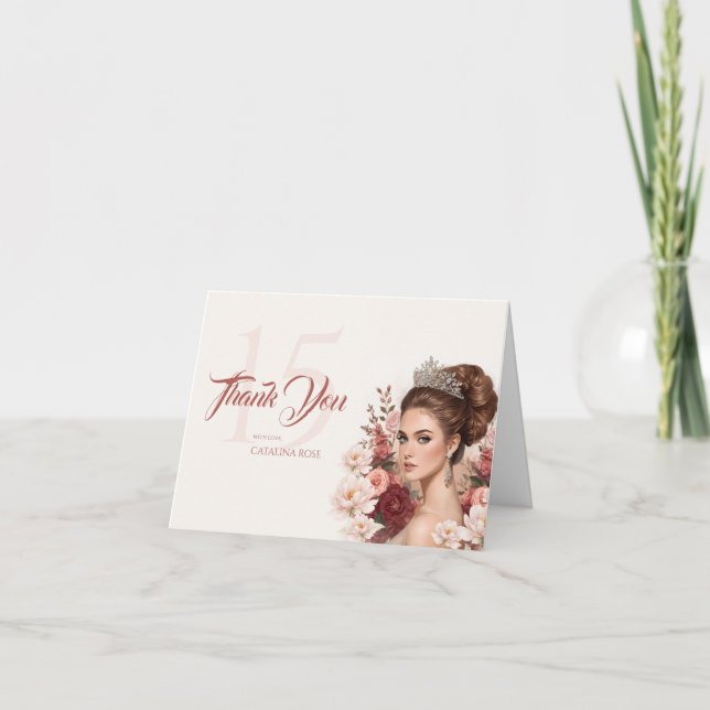 Carte De Remerciements Rose Blush Rose Élégante Quinceañera (Devant)