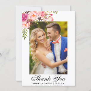 Carte De Remerciements Rose d'aquarelle de photo de mariage floral