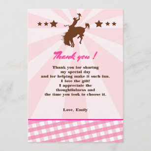 Carte De Remerciements Rose de cow-girl de rodéo d'anniversaire de fille