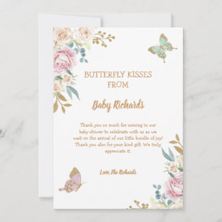 Carte De Remerciements Rose de papillon peu de paillettes dorées Baby Sho