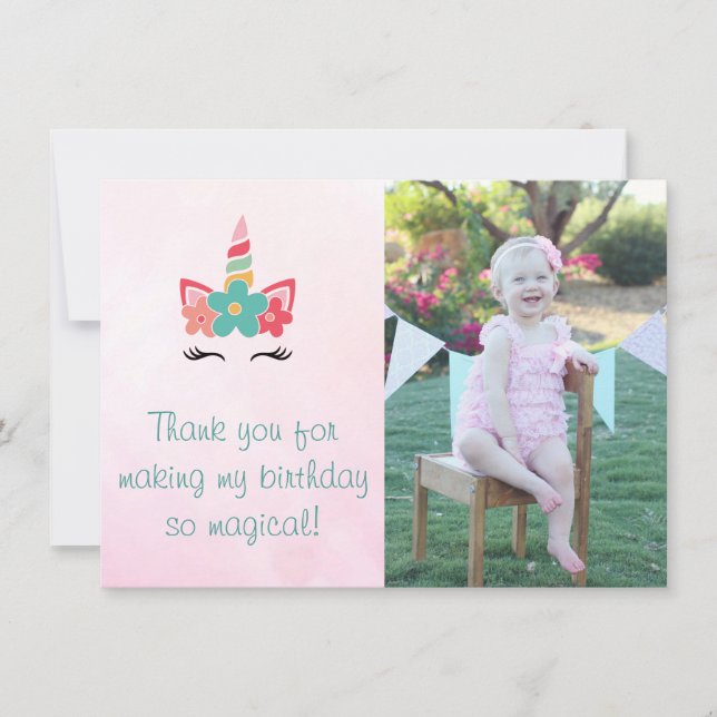 Carte de remerciements rose de photo de licorne (Devant)