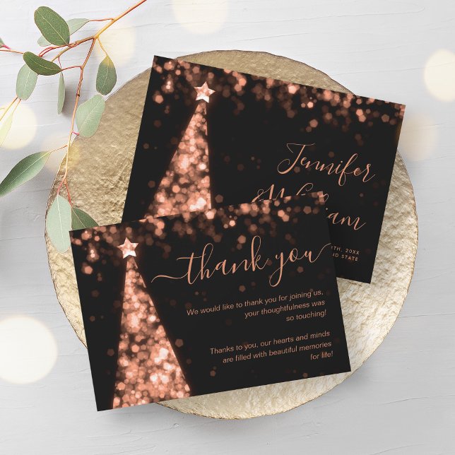 Carte de remerciements Rose d'or de l'arbre de Noë (Festive Xmas Tree Rose Gold Wedding Thank You Card)