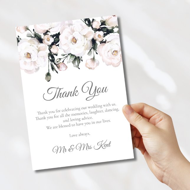 Carte De Remerciements Rose élégant | Mariage floral blanc (Créateur téléchargé)