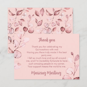 Carte De Remerciements Rose en or rose Botanical Quinceañera