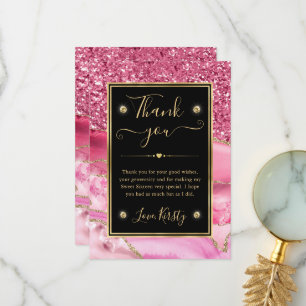 Carte De Remerciements Rose et Or Élégant Paillettes d'Agate Sweet 16