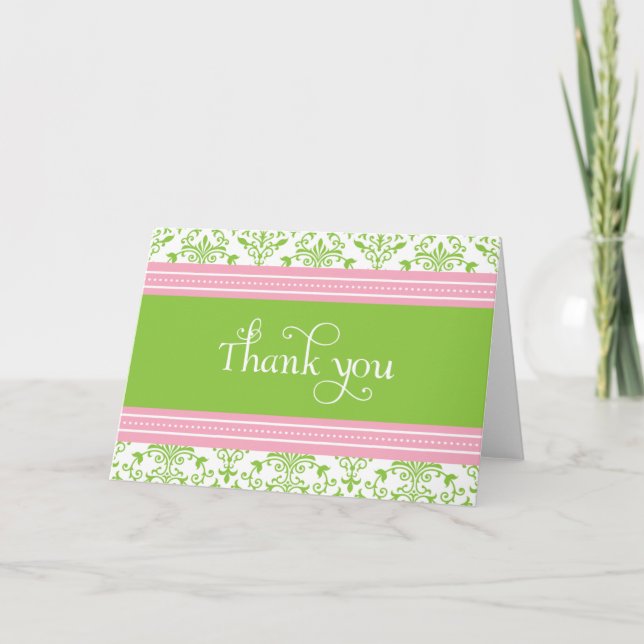 Carte de remerciements rose et vert élégant de (Devant)