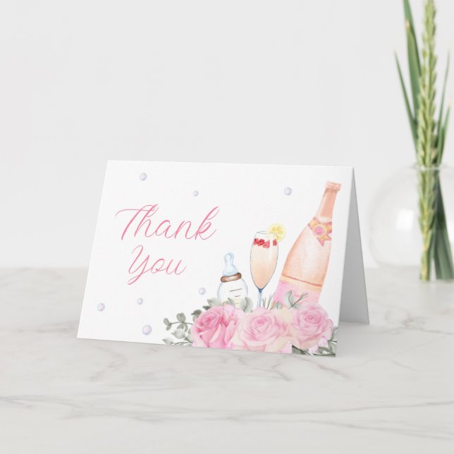 Carte De Remerciements Rose Fleur Poppin Champagne Bouteilles Baby shower (Devant)