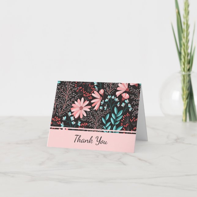 Carte De Remerciements Rose floral et sarcelle (Devant)