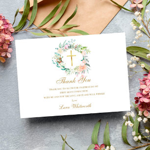Carte De Remerciements Rose Floral Garland Gold Première Communion sainte