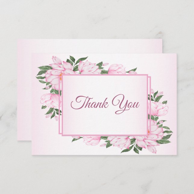 Carte De Remerciements Rose Floral Vert Feuilles Soirée de mariage élégan (Devant / Derrière)