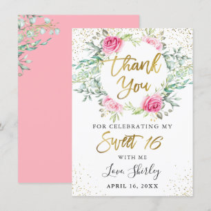 Carte De Remerciements Rose Floral Vert Or Script Sweet 16 Anniversaire