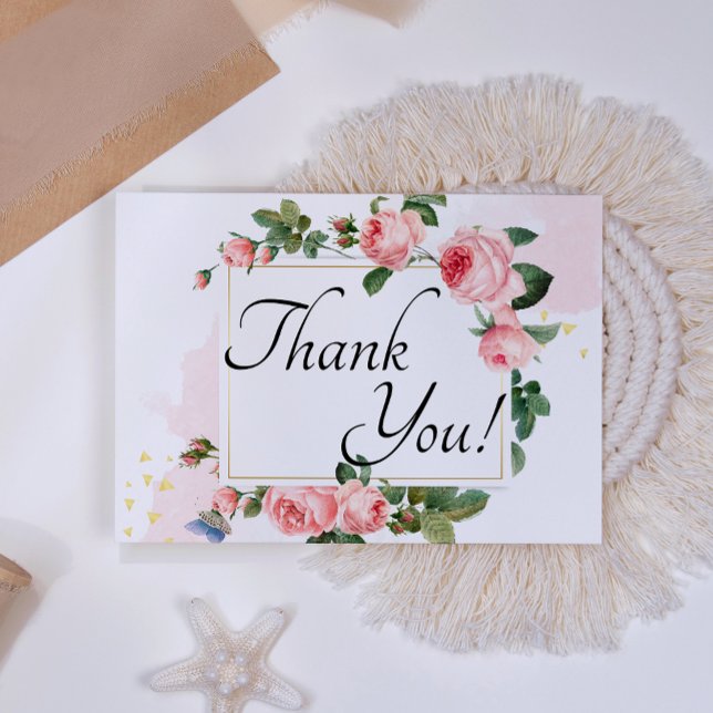 Carte De Remerciements Rose Florale Rose Rose Clair  (Créateur téléchargé)