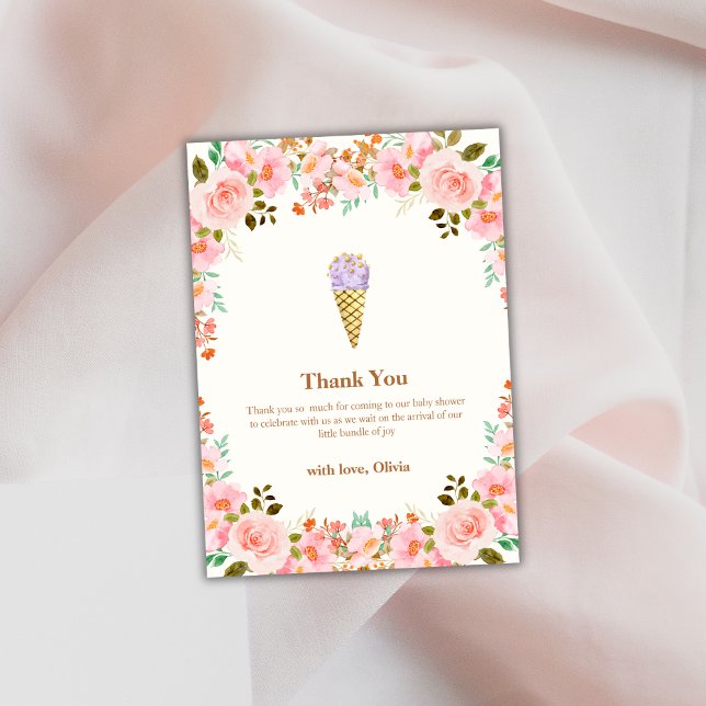 Carte De Remerciements Rose Flower Garden Scoop Baby shower de glace crèm (Rose Flower Garden Scoop Ice Cream Baby Shower Thank You Card)