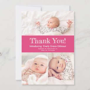 Carte De Remerciements Rose foncé Trois photos Baby Girl Douche