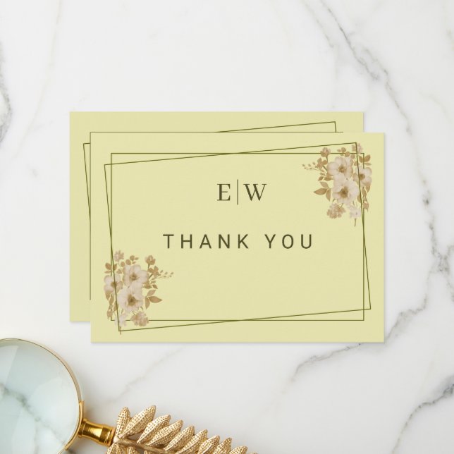 Carte De Remerciements Rose Frame – Mariage Jaune Céleste Monogramme (Devant/Arrière en situation)