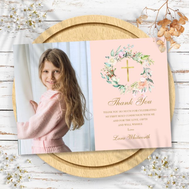 Carte De Remerciements Rose Garland Floral First Holy Communal Photo (Rose Garland Floral First Holy Communion Photo Thank You Card)