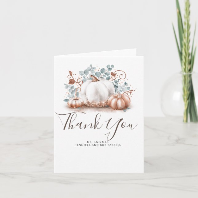 Carte De Remerciements Rose Gold & Blanc Citrouille Mariage de automne Me (Devant)