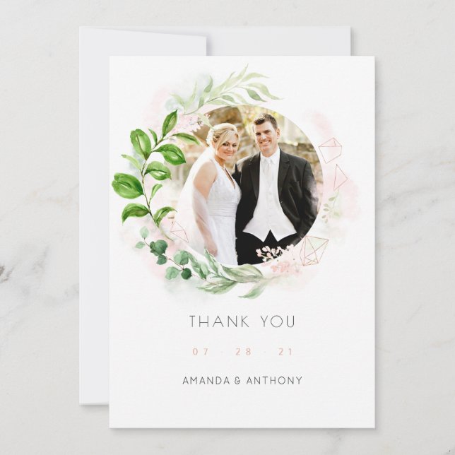 Carte De Remerciements Rose Gold & Blush Geometry Greenery Mariage Photo (Devant)