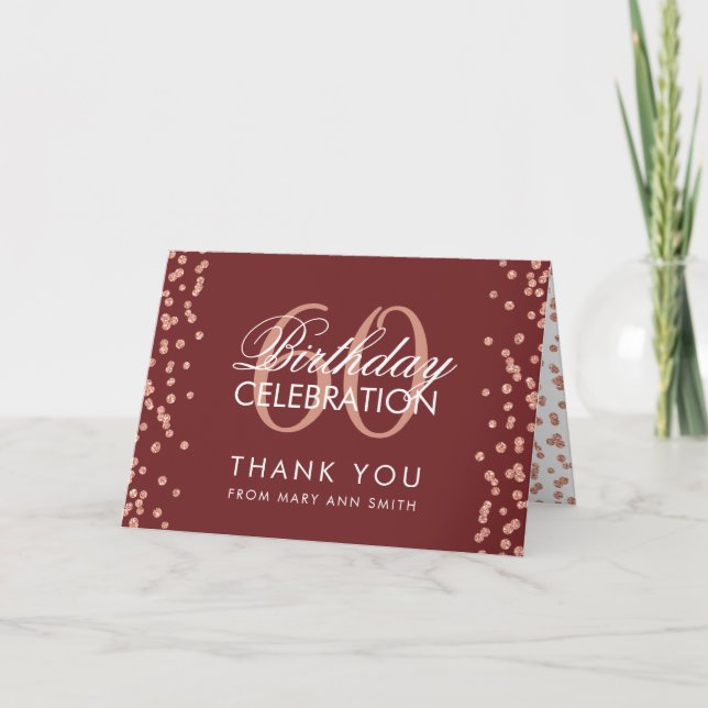 Carte De Remerciements Rose Gold Burgundy 60 Birthday Thank you Confeti (Devant)