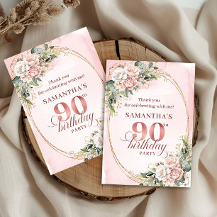 Carte De Remerciements Rose Gold Floral Classique pour 90e Anniversaire