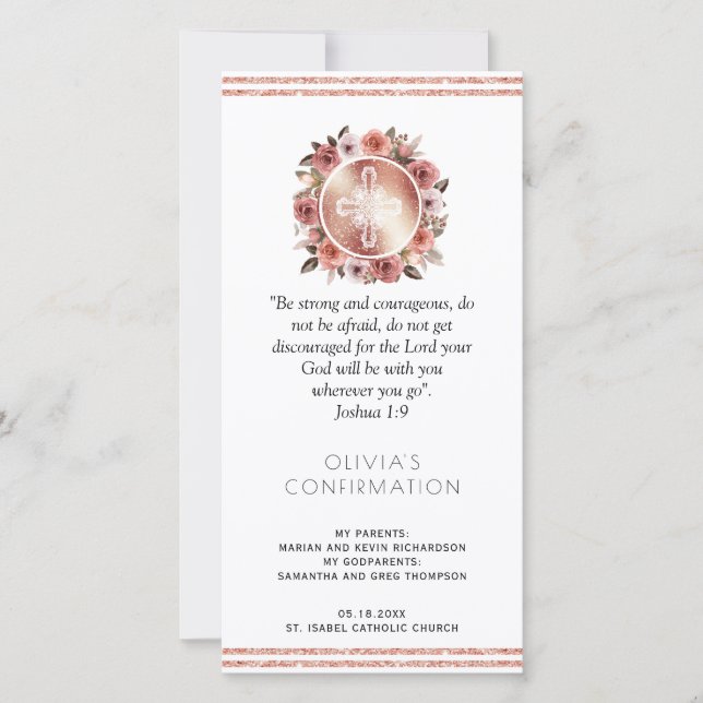 Carte De Remerciements Rose Gold Floral Confirmation Signet Faveur (Devant)