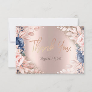 Carte De Remerciements Rose Gold Glitter Ombre Fleur Bleue Élégante