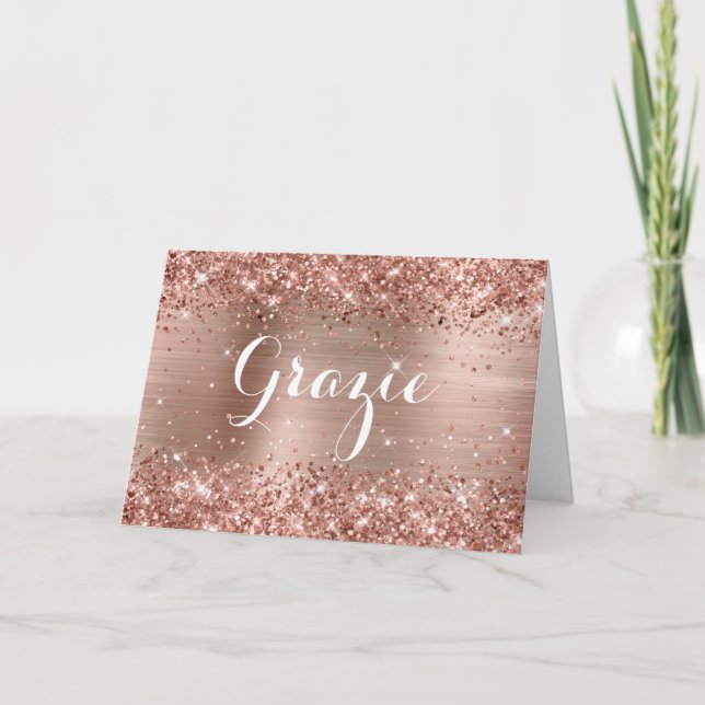 Carte De Remerciements Rose Gold Pailleté Classique Script Grazie (Devant)