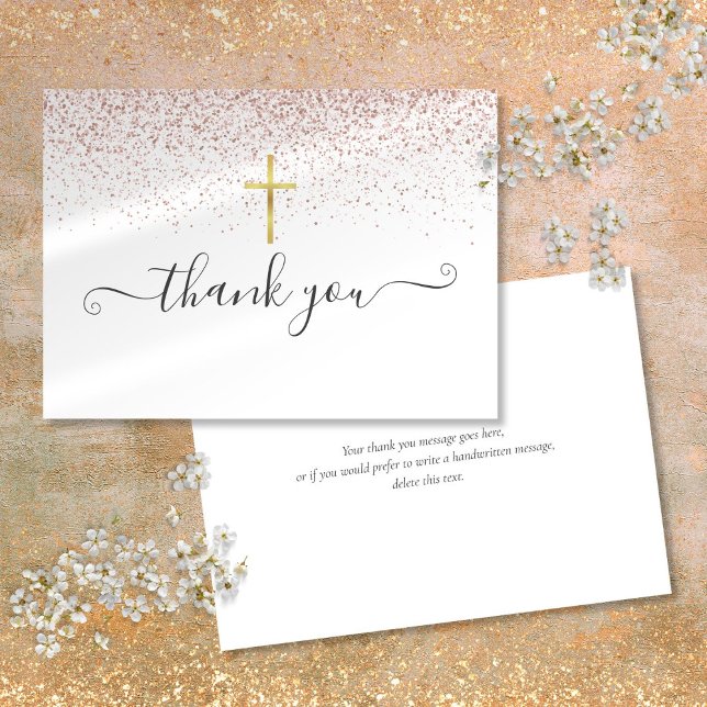 Carte De Remerciements Rose Gold Pailleté Croix Script (Rose Gold Glitter Gold Crucifix Script Thank You Card)