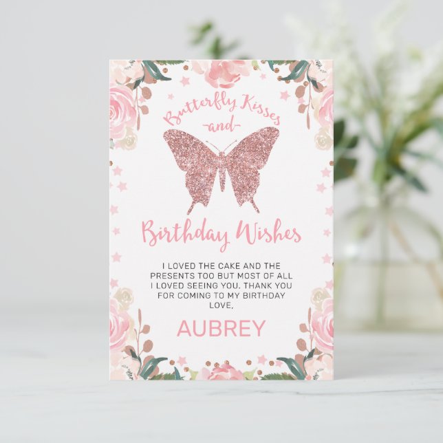 Carte De Remerciements Rose Gold Parties scintillant Bisous papillon Anni (Debout devant)