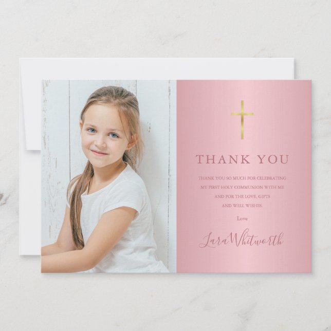 Carte De Remerciements Rose Gold Photo First Holy Communion (Devant)