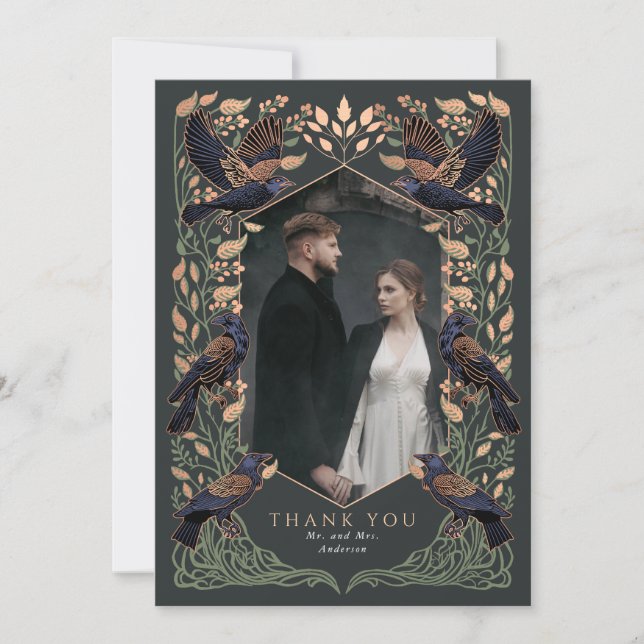 Carte De Remerciements Rose Gold Sage Enchanted Gothique Raven Mariage (Devant)