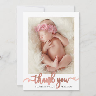 Carte De Remerciements Rose Gold Script Modern Overlay texte Baby Photo