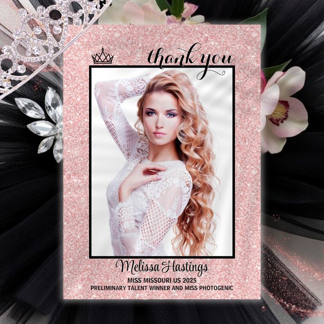 Carte de remerciements rose Gold Tuxedo Pageant (This double sided pageant thank you card features your photo and text to thank your supporters)