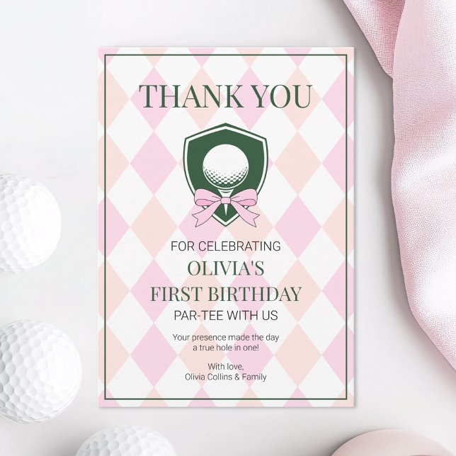 Carte De Remerciements Rose Golf Moderne Premier Anniversaire Filles 1 An (Pink Golf Modern Hole In One Girls 1st Birthday Thank You Card)