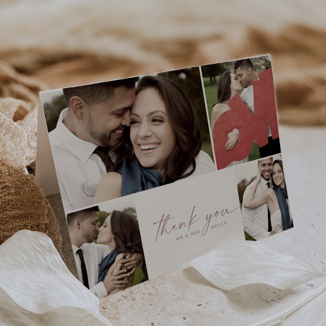 Carte De Remerciements Rose moderne Script 4 Photo Collage Folded Wedding (Créateur téléchargé)