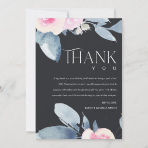 CARTE DE REMERCIEMENTS ROSE NOIR BLEU FLORAL 25ÈME ANNIVERSAIRE TOUTE ANN