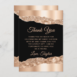 Carte De Remerciements Rose or et noir glam Larmes Sweet sixteen