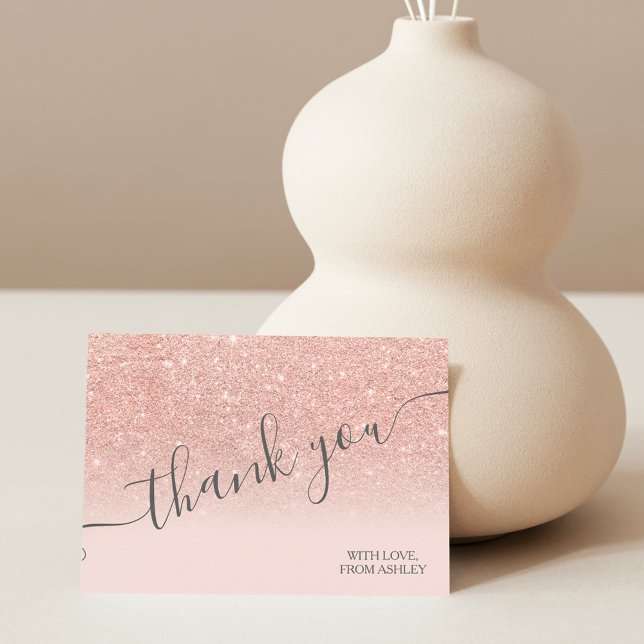 Carte De Remerciements Rose or faux parties scintillant rose ombre script (Créateur téléchargé)