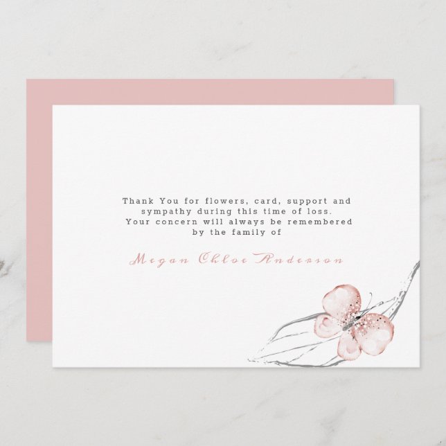 Carte De Remerciements Rose pâle avec des funérailles de papillon  (Devant / Derrière)