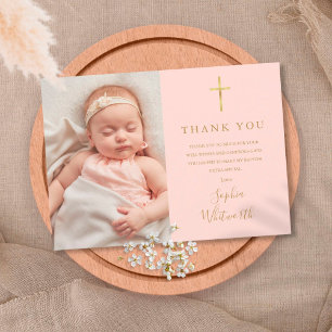 Carte De Remerciements Rose Pâle Élégant Or Baptême Photo