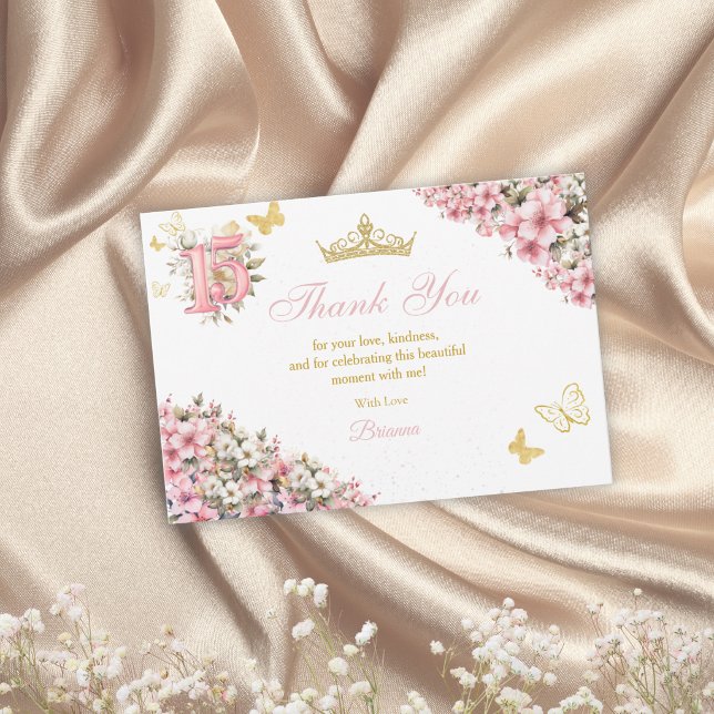 Carte De Remerciements Rose Pâle Floral Papillons Dorés Quinceañera (Créateur téléchargé)