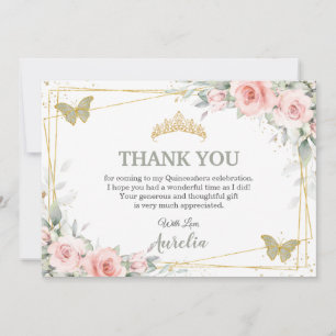 Carte De Remerciements Rose Pâle Floral Vert Sauge Papillon Quinceañera