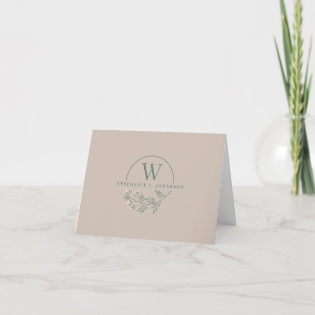 Carte De Remerciements Rose Pâle & Monogramme Floral Vert avec Nom Comple (Devant)
